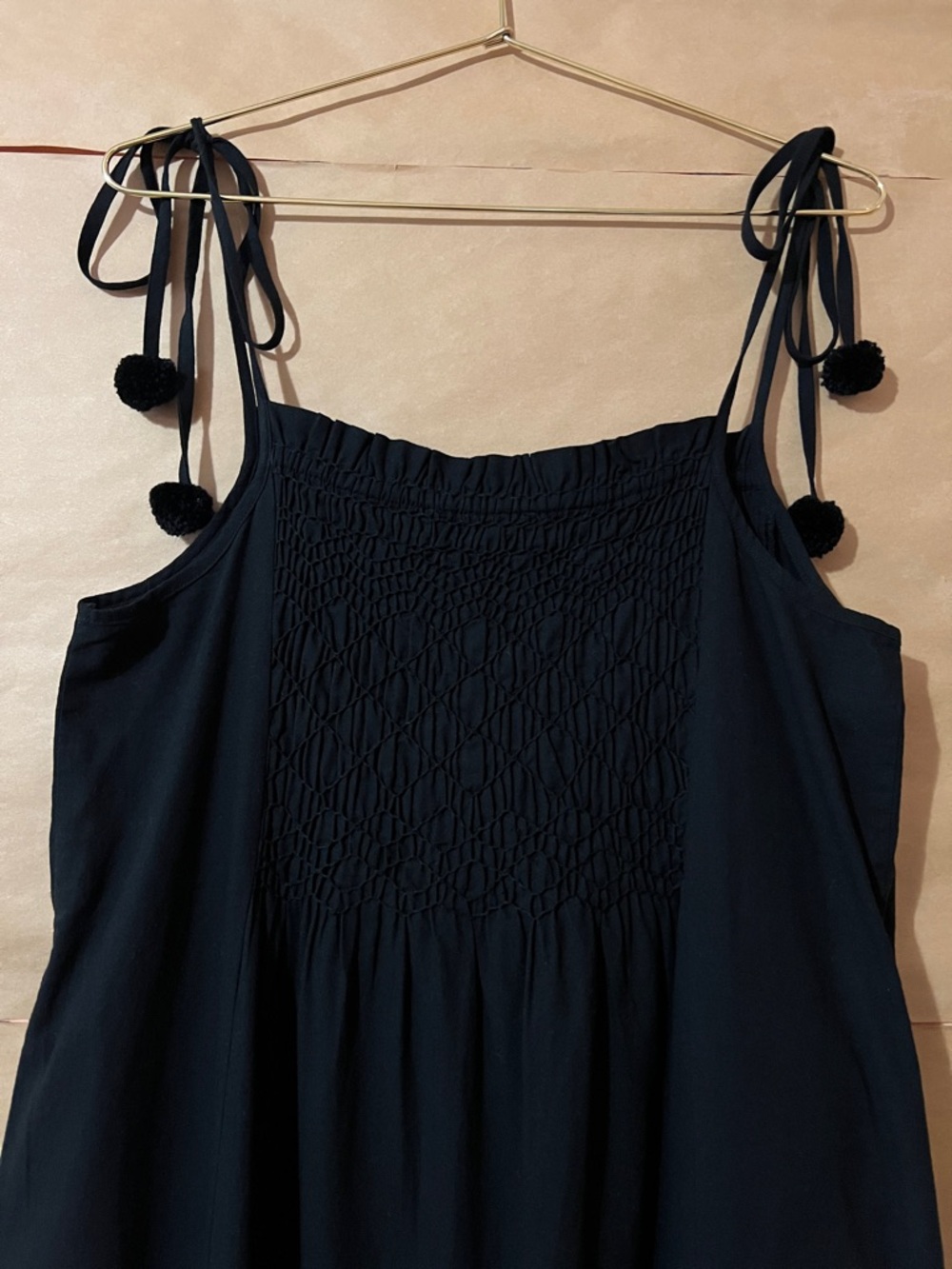 Sea New York | Willa Smocked Midi Dress Tie Strap Pom Pom Black Size M - Picture 9 of 11